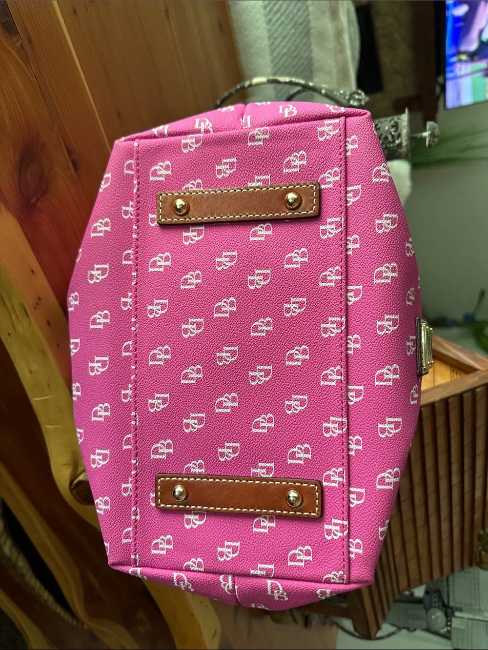 Dooney & Bourke Hot Pink Logo Drawstring Hobo with Tan Trim